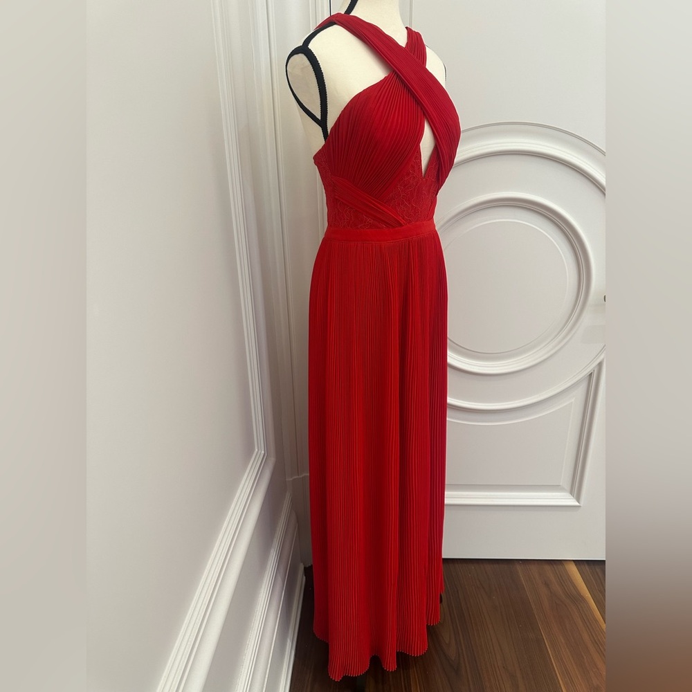 Guess Red Formal Lace Pleated Dress with Cut Out & Crisscross Neckline (Size 4) - Picture 3 of 13